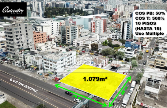 Terreno de venta 1079 m² sobre la Av. 6 de Diciembre sector La Carolina